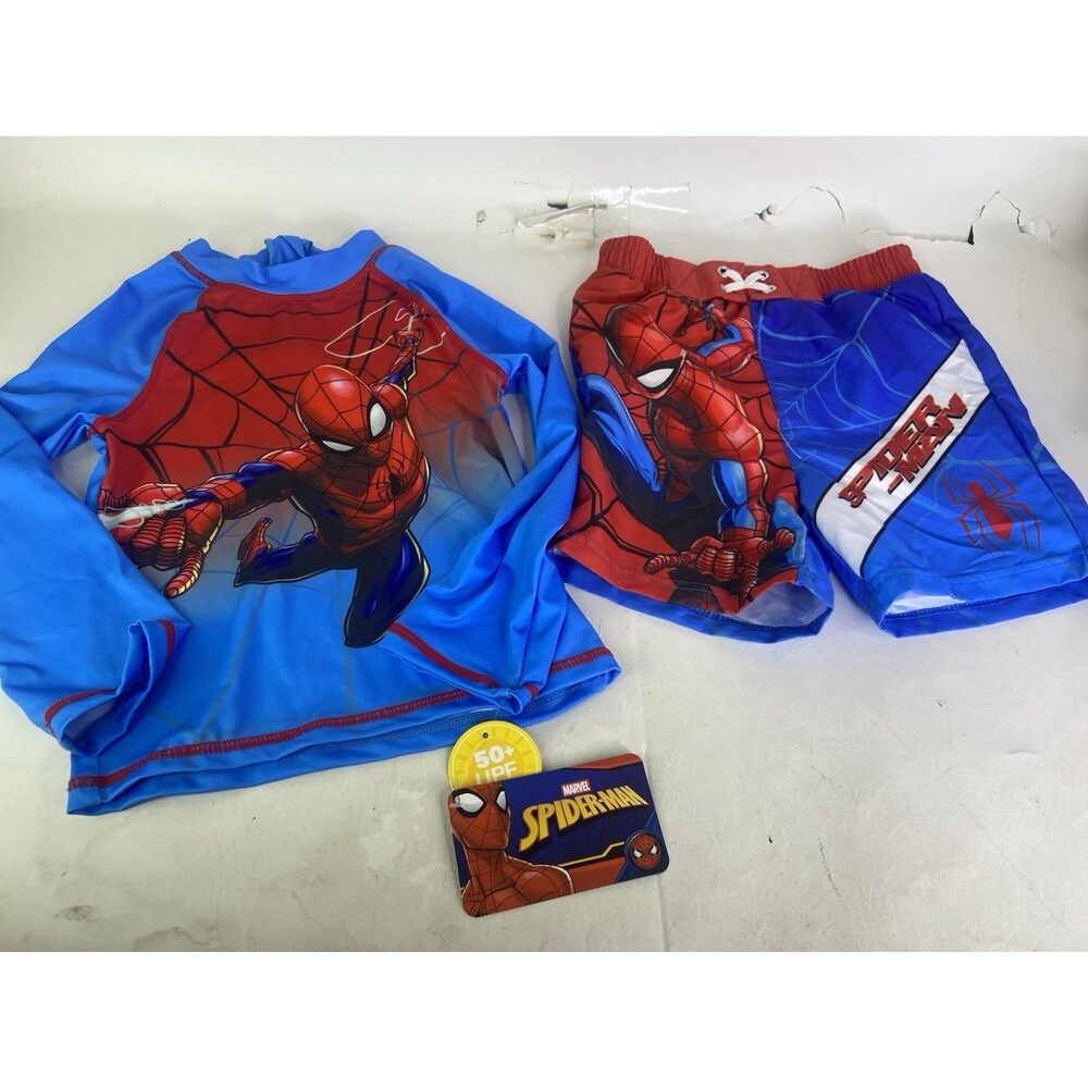 Marvel Spider-Man UV Swim Swimwear Set Rash Guard Top Trunk Shorts Boys Size 4